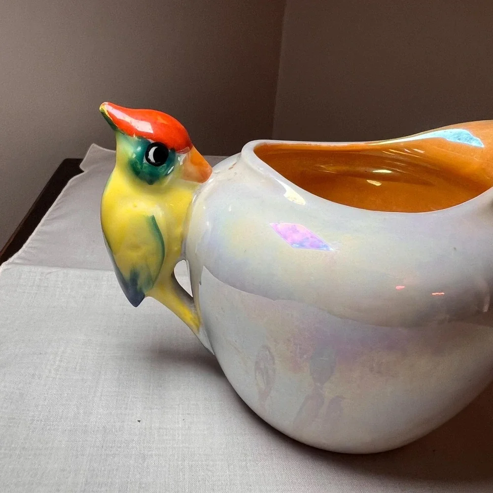 VTG  Lustreware Colorful Bird Cream & Sugar Set Japan Iridescent porcelain china